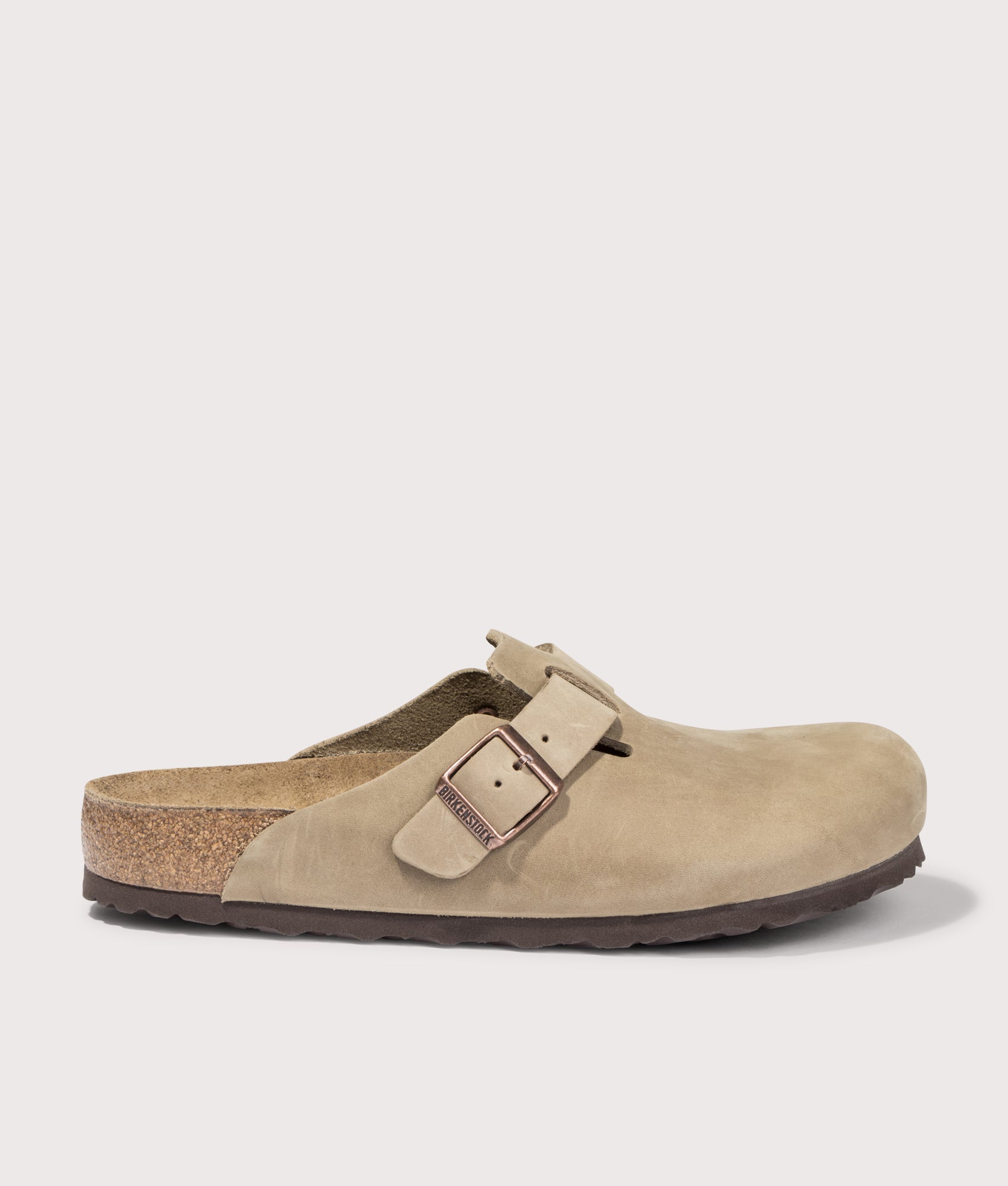 Boston Natural Leather Oiled Clogs by Birkenstock in Tobacco Brown. Shot by EQVVS. Front shot.