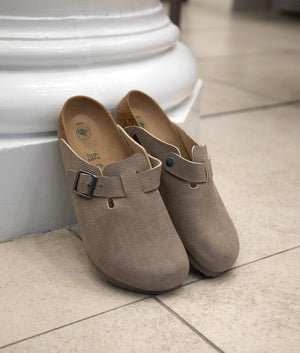 Birkenstock Boston Vegan Clogs in Desert Dust Grey Campaign shot at EQVVS