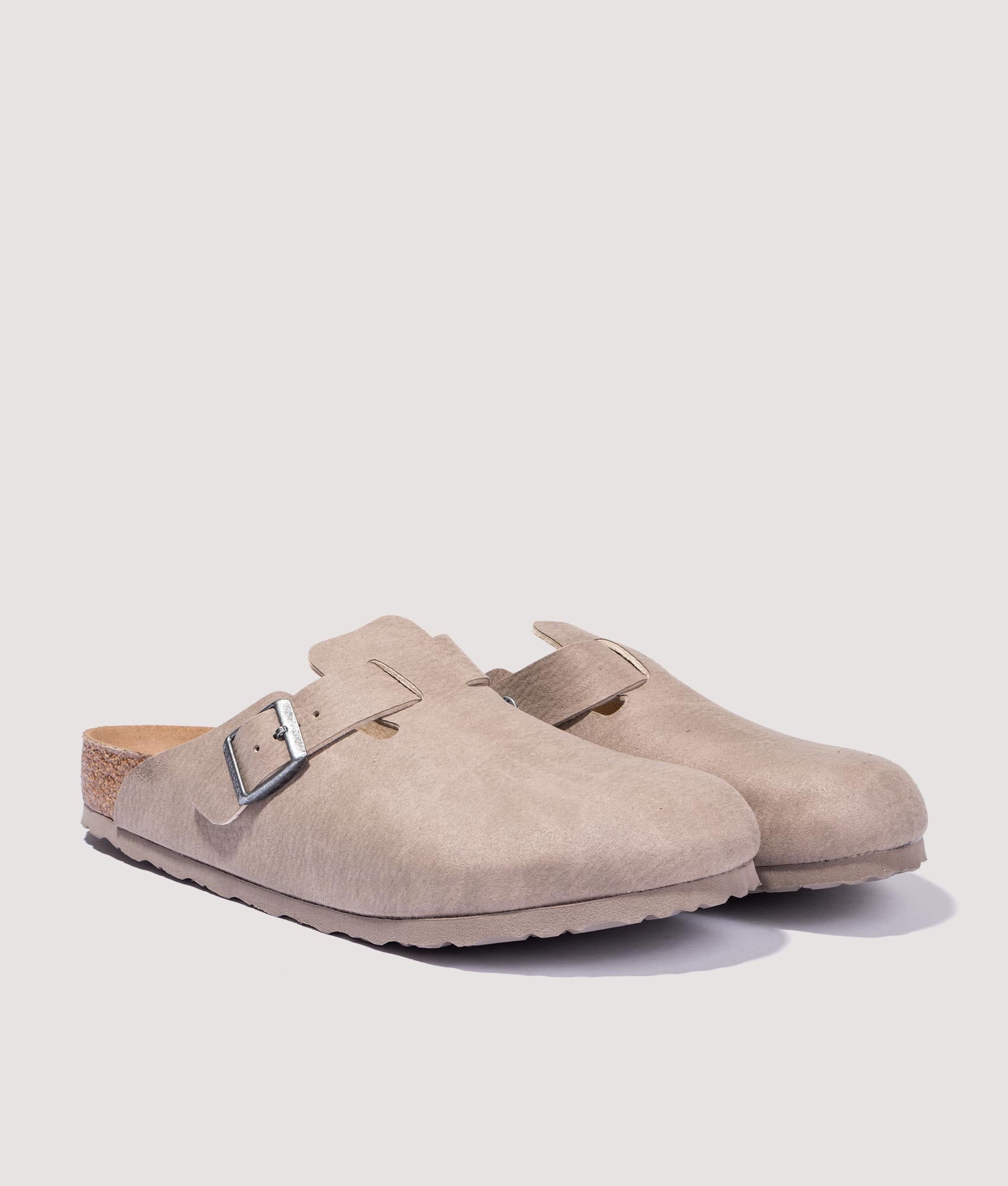 Birkenstock Boston Vegan Clogs in Desert Dust Grey front shot at EQVVS