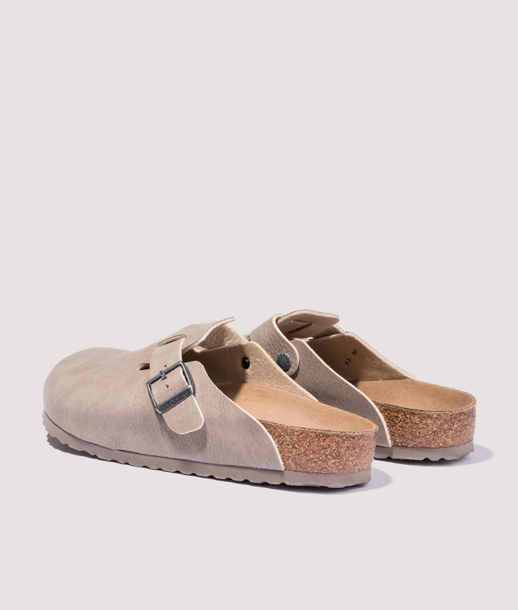Birkenstock Boston Vegan Clogs in Desert Dust GreyBack shot at EQVVS