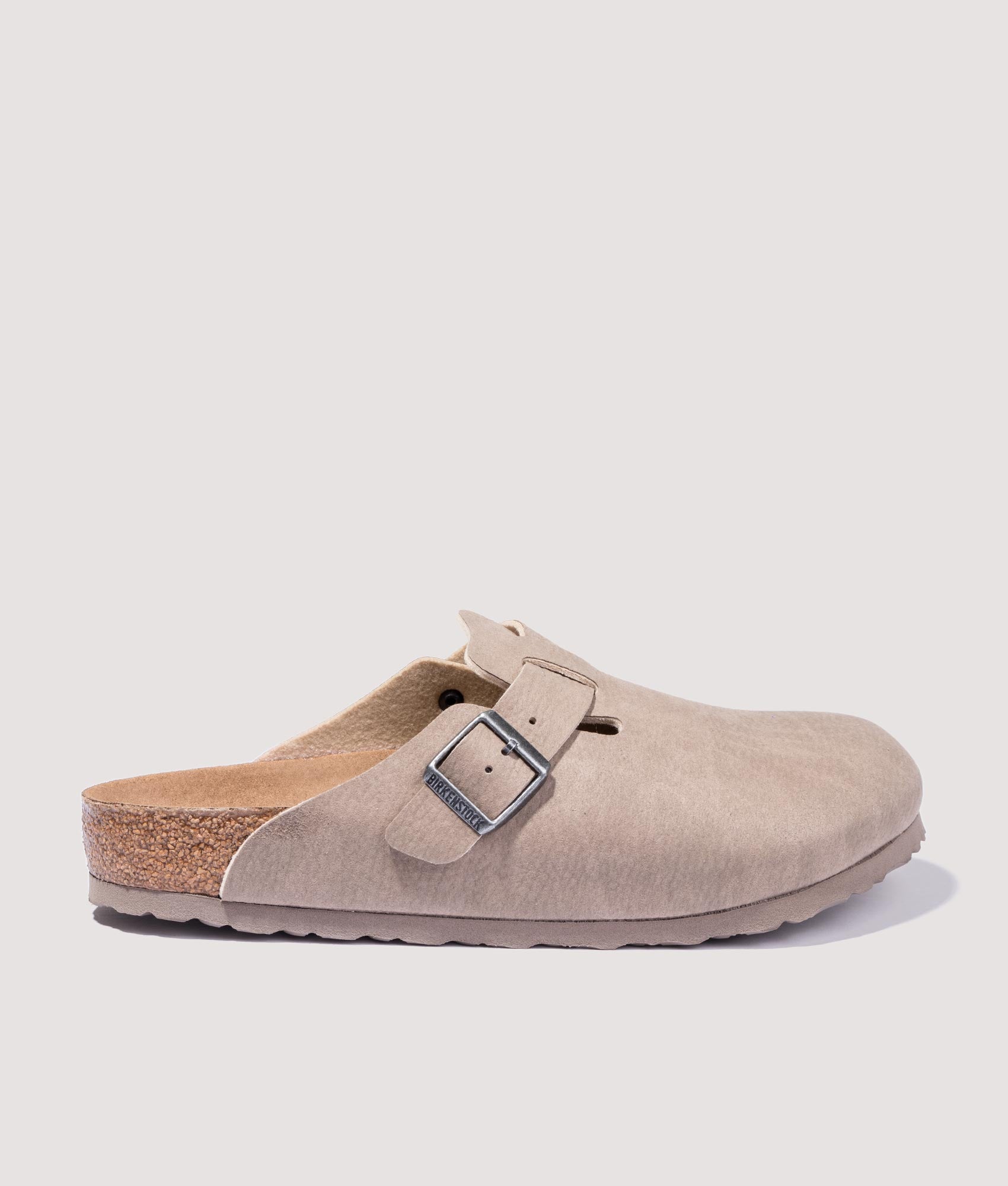 Birkenstock Boston Vegan Clogs in Desert Dust Grey side buckle shot at EQVVS