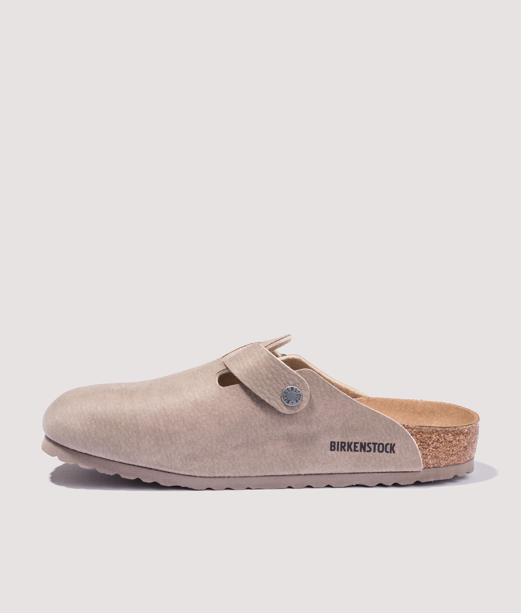 Birkenstock Boston Vegan Clogs in Desert Dust Grey side logo shot at EQVVS