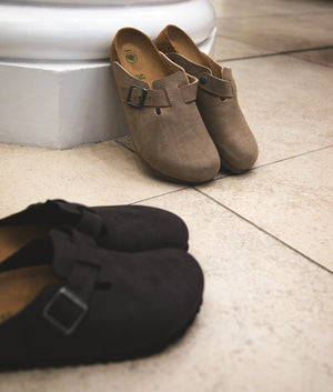 Birkenstock Boston Vegan Clogs in Desert Dust Black Campaign shot at EQVVS