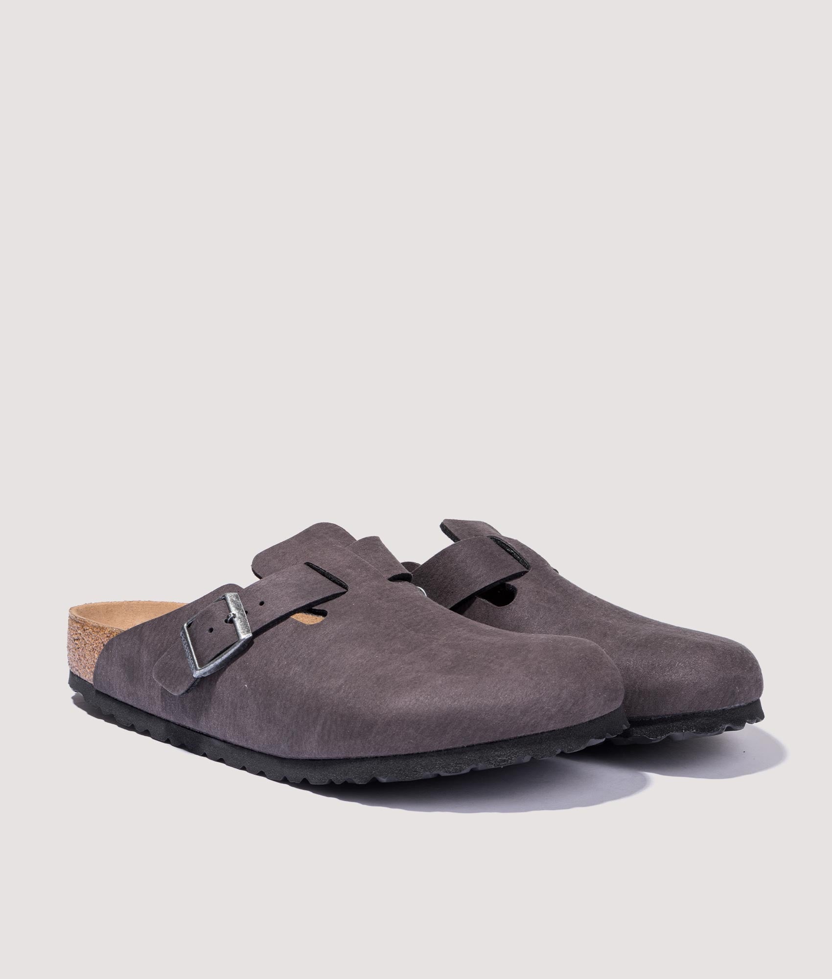 Birkenstock Boston Vegan Clogs in Desert Dust Black front shot at EQVVS