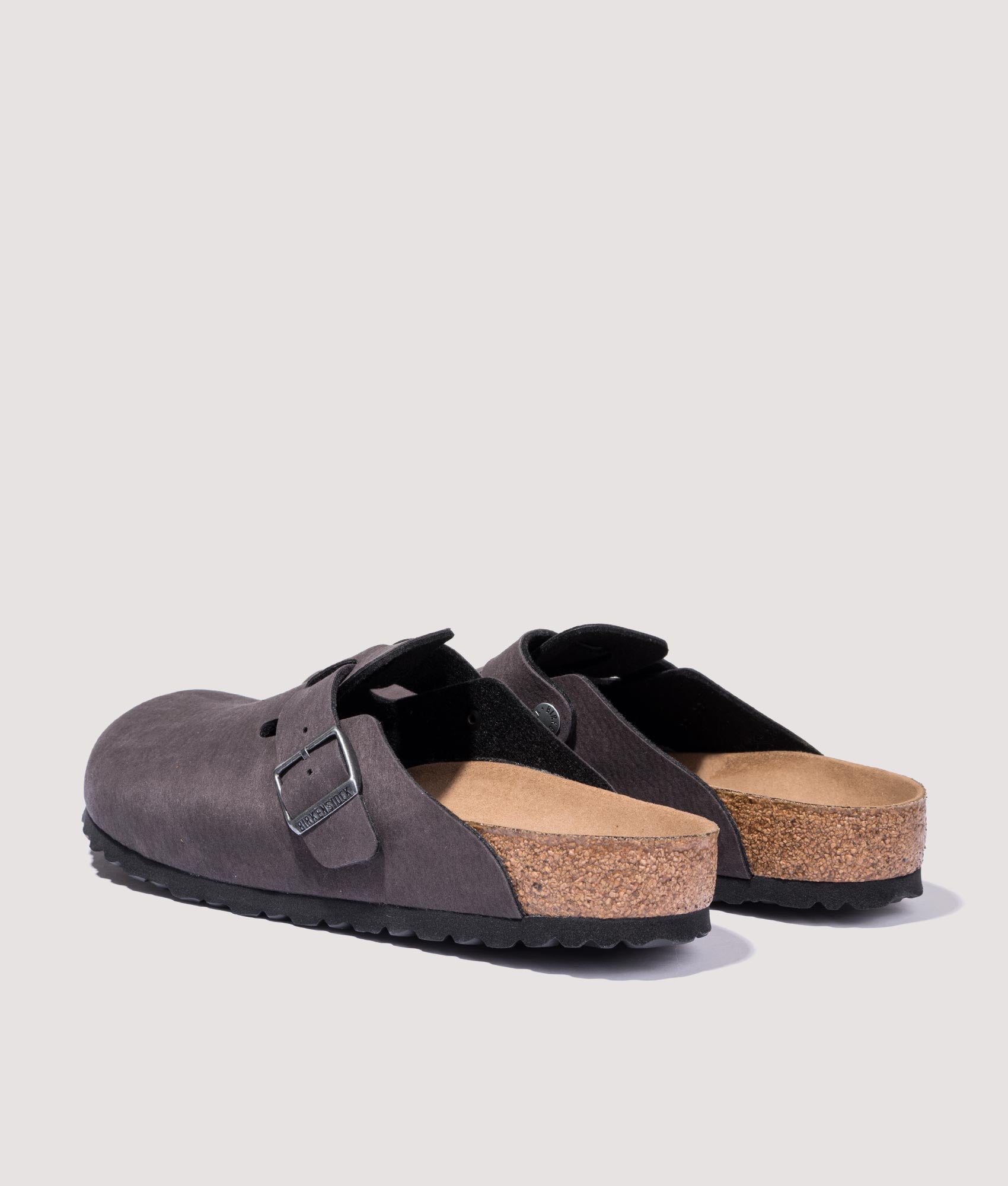 Birkenstock Boston Vegan Clogs in Desert Dust Black back shot at EQVVS