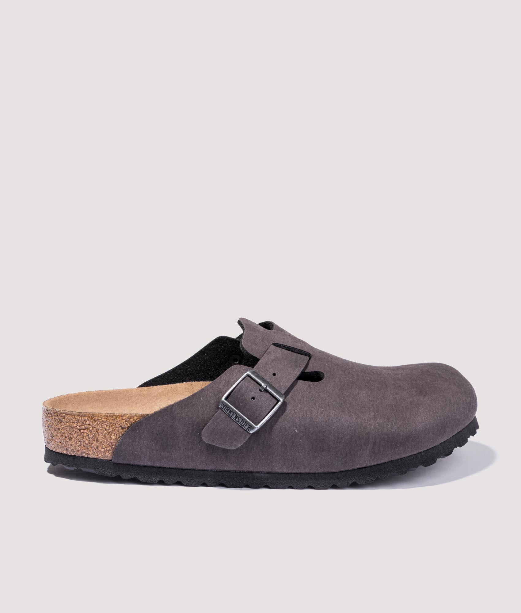 Birkenstock Boston Vegan Clogs in Desert Dust Black side buckle shot at EQVVS