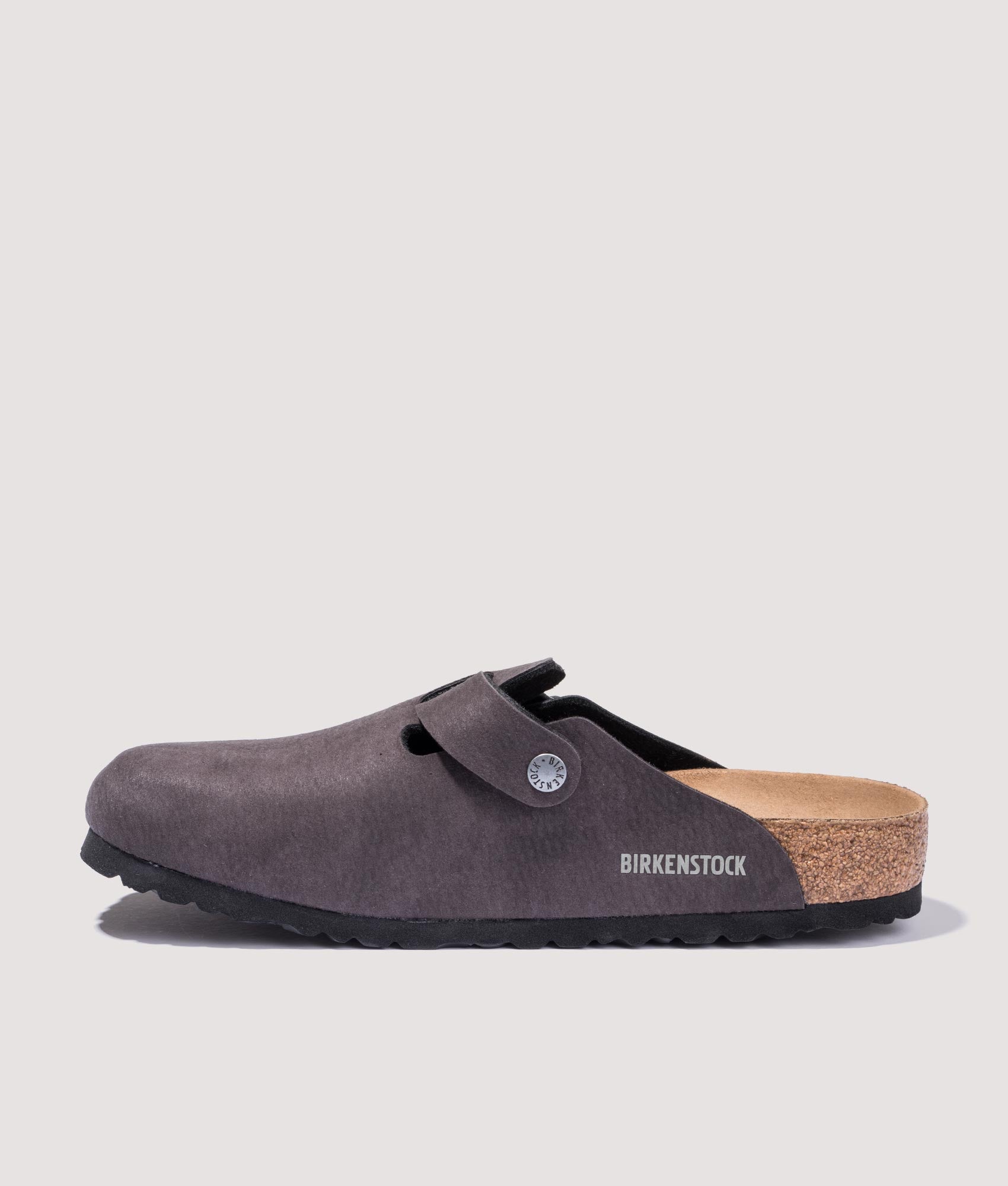 Birkenstock Boston Vegan Clogs in Desert Dust Black side logo shot at EQVVS