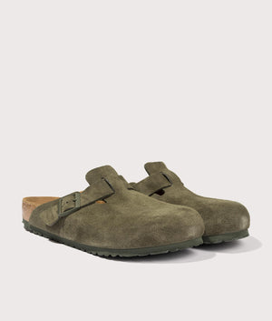 Boston Suede Leather Clogs by Birkenstock in Thyme. Shot by EQVVS. Front detail shot.