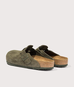Boston Suede Leather Clogs by Birkenstock in Thyme. Shot by EQVVS. Back detail shot.