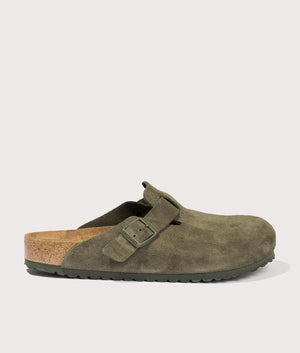 Boston Suede Leather Clogs by Birkenstock in Thyme. Shot by EQVVS. Front shot.