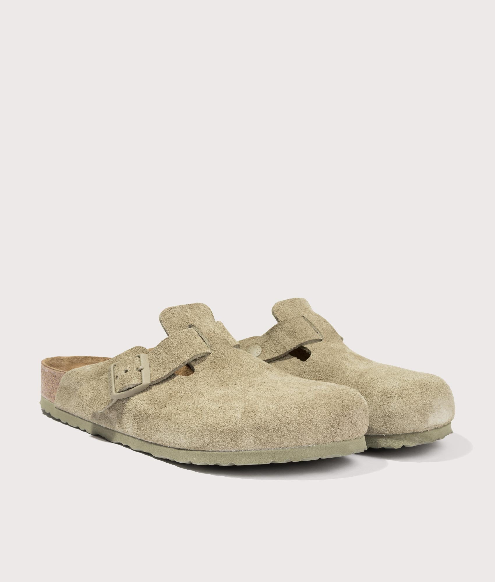Boston Suede Leather Clogs by Birkenstock in Faded Khaki. Shot by EQVVS. Front detail shot.