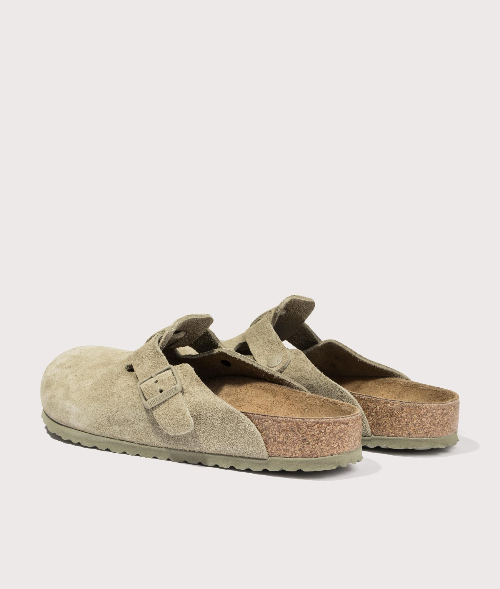 Boston Suede Leather Clogs by Birkenstock in Faded Khaki. Shot by EQVVS. Back detail shot.