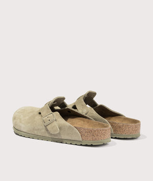 Boston Suede Leather Clogs by Birkenstock in Faded Khaki. Shot by EQVVS. Back detail shot.