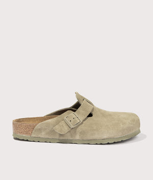 Boston Suede Leather Clogs by Birkenstock in Faded Khaki. Shot by EQVVS. Front shot.