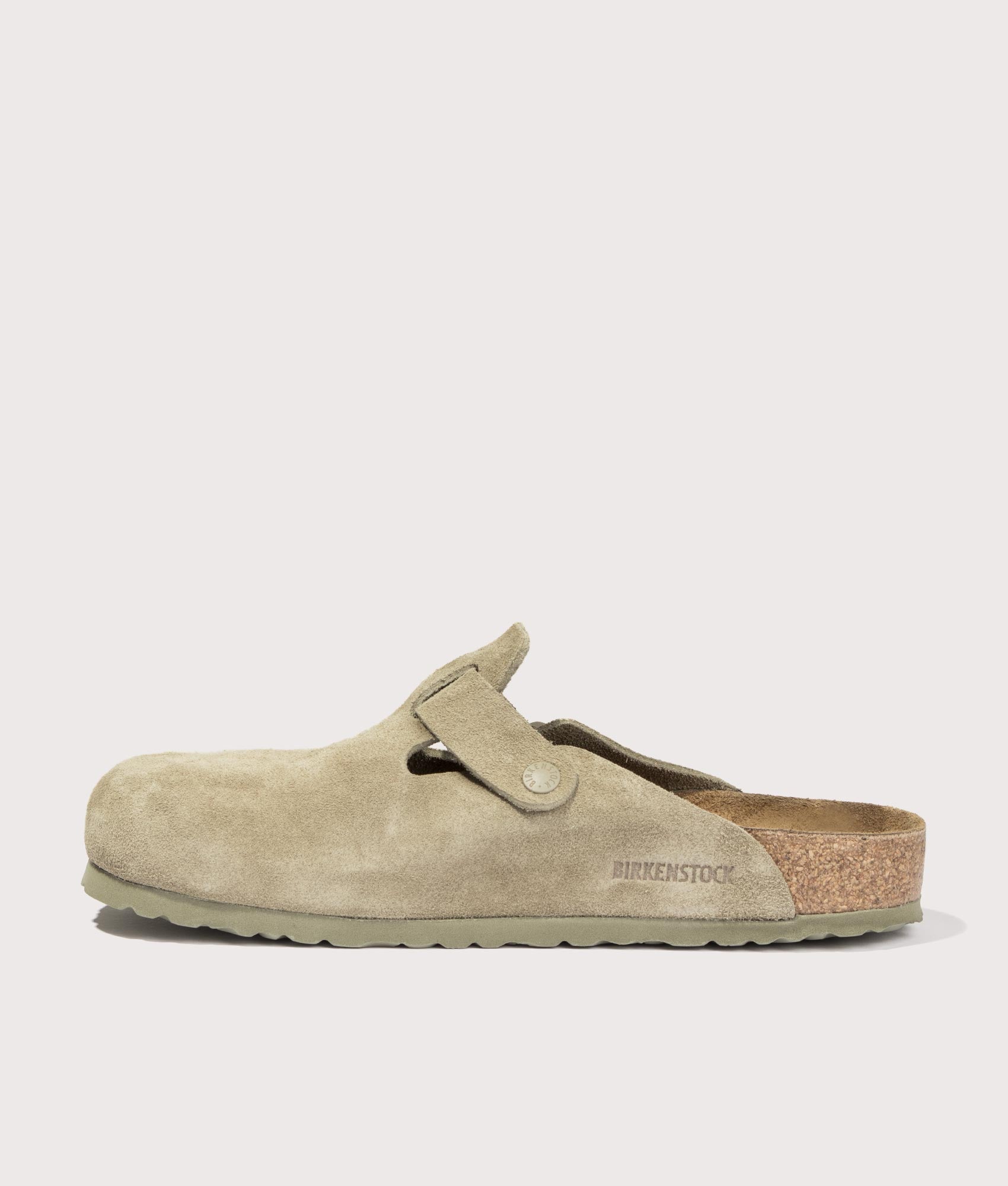 Boston Suede Leather Clogs by Birkenstock in Faded Khaki. Shot by EQVVS. Back shot.