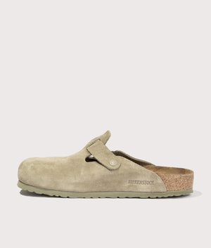 Boston Suede Leather Clogs by Birkenstock in Faded Khaki. Shot by EQVVS. Back shot.