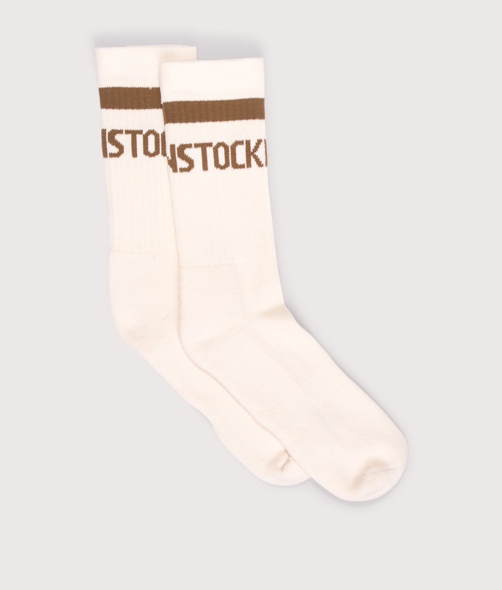 Birkenstock Cotton Crew Stripe Tenns Socks in Eggshell . Shot at EQVVS. Side shot 