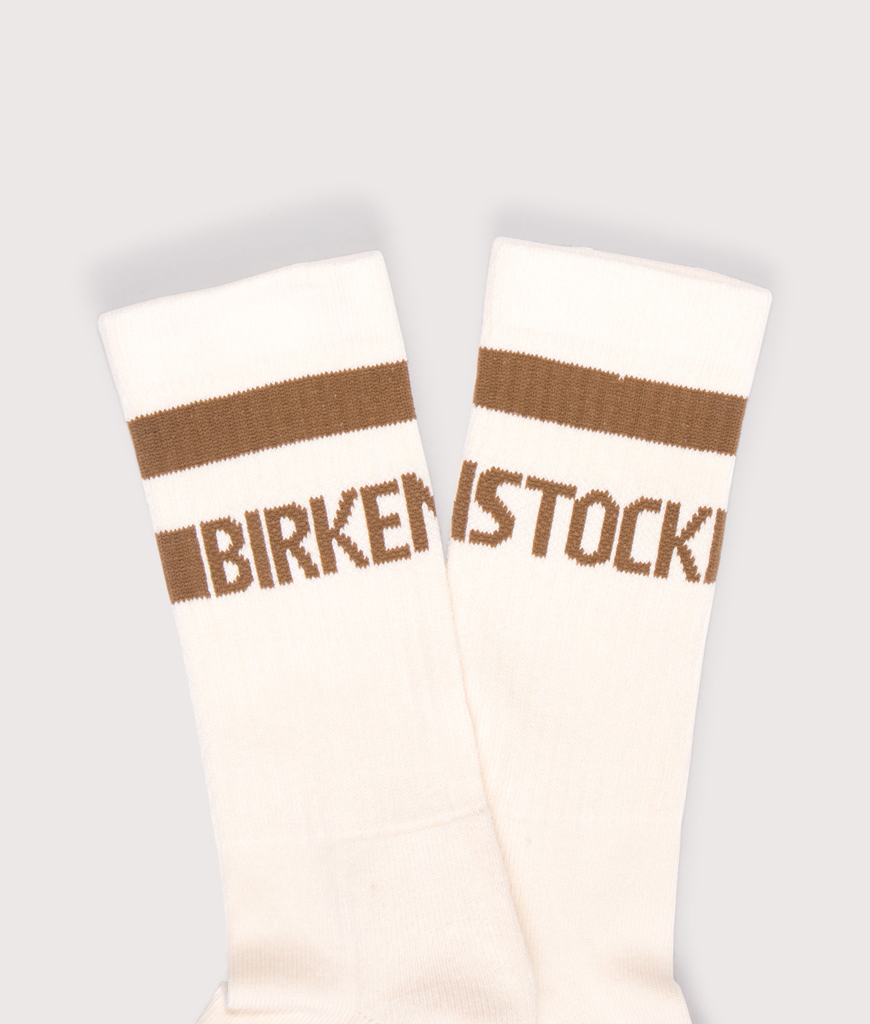 Birkenstock Cotton Crew Stripe Tenns Socks in Eggshell . Shot at EQVVS. Brand detail shot 