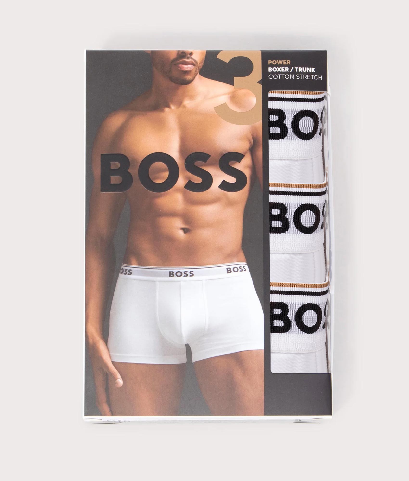 Regular Fit Power Trunks 3 Pack in White | 100% Cotton Stretch | BOSS | EQVVS | Box shot 