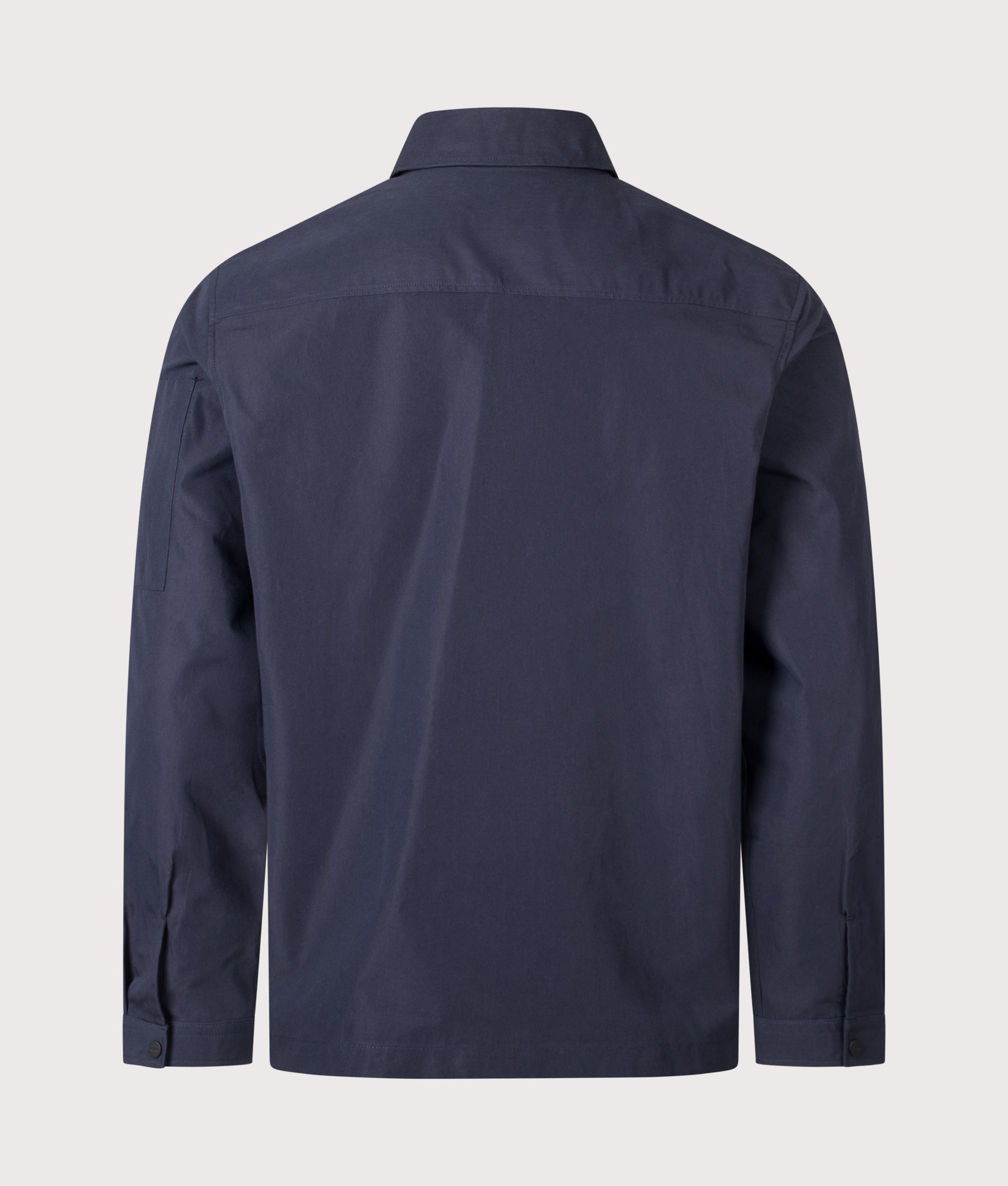 HUGO Relaxed Fit Emmond Zip Through Overshirt in Dark Blue at EQVVS Menswear. Back shot.
