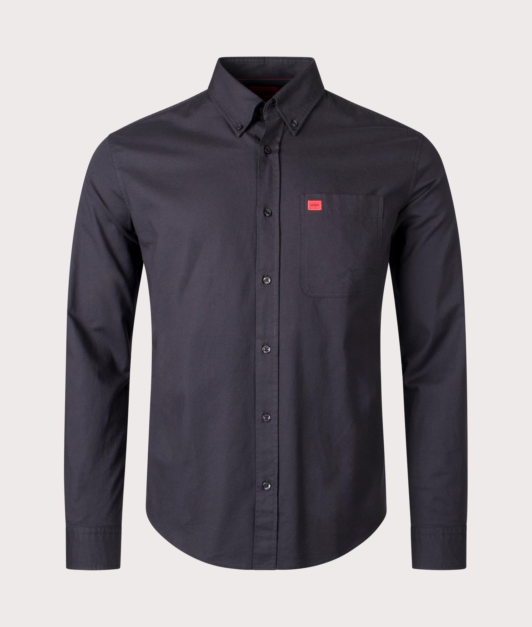 HUGO Slim Fit Evito Oxford Shirt in Black, 100% Cotton. At EQVVS Menswear. Front detail shot 