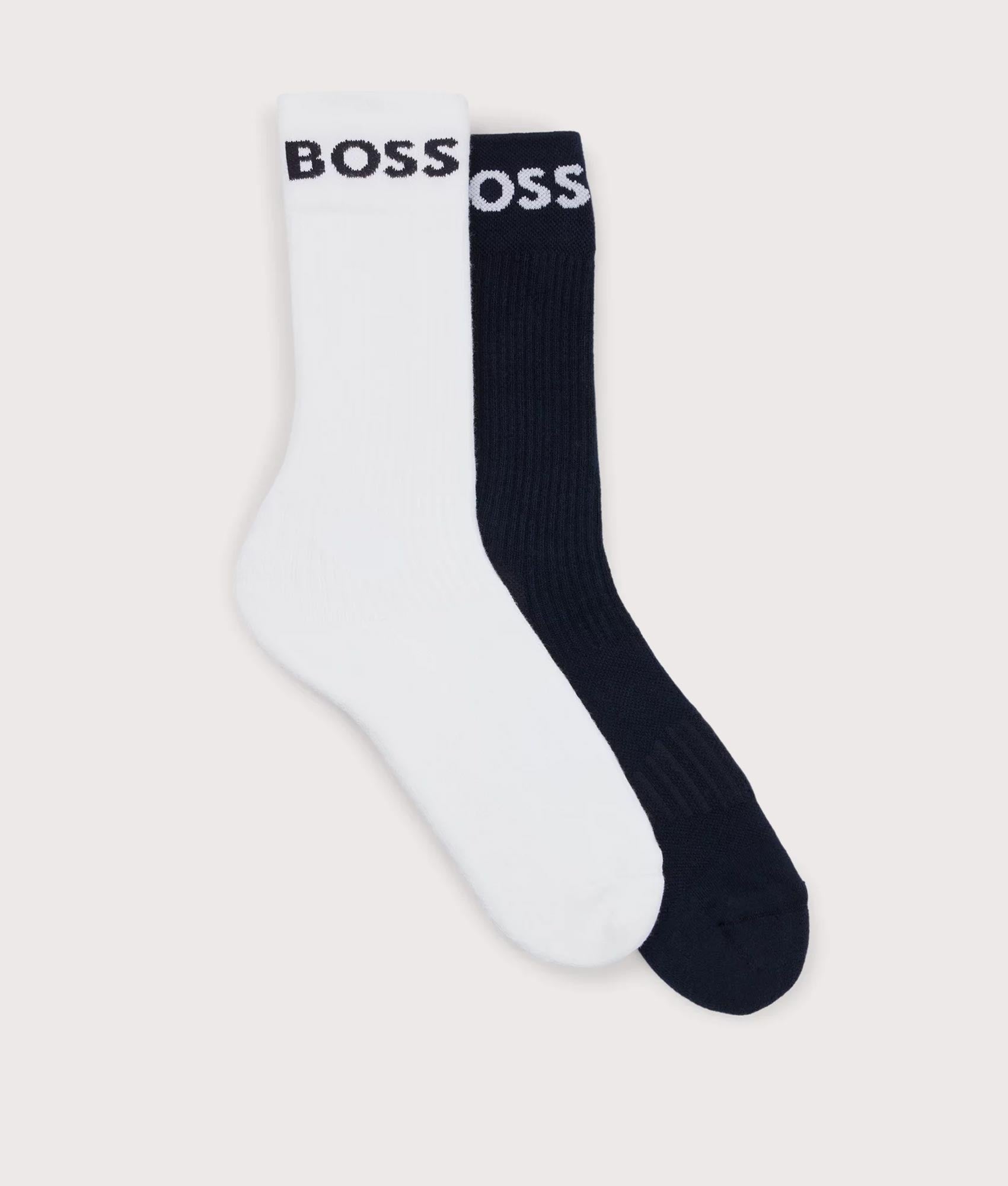 BOSS Two Pack Of Quarter Length Stretch Sport Socks in white and Blue for Men at EQVVS. Front Shot