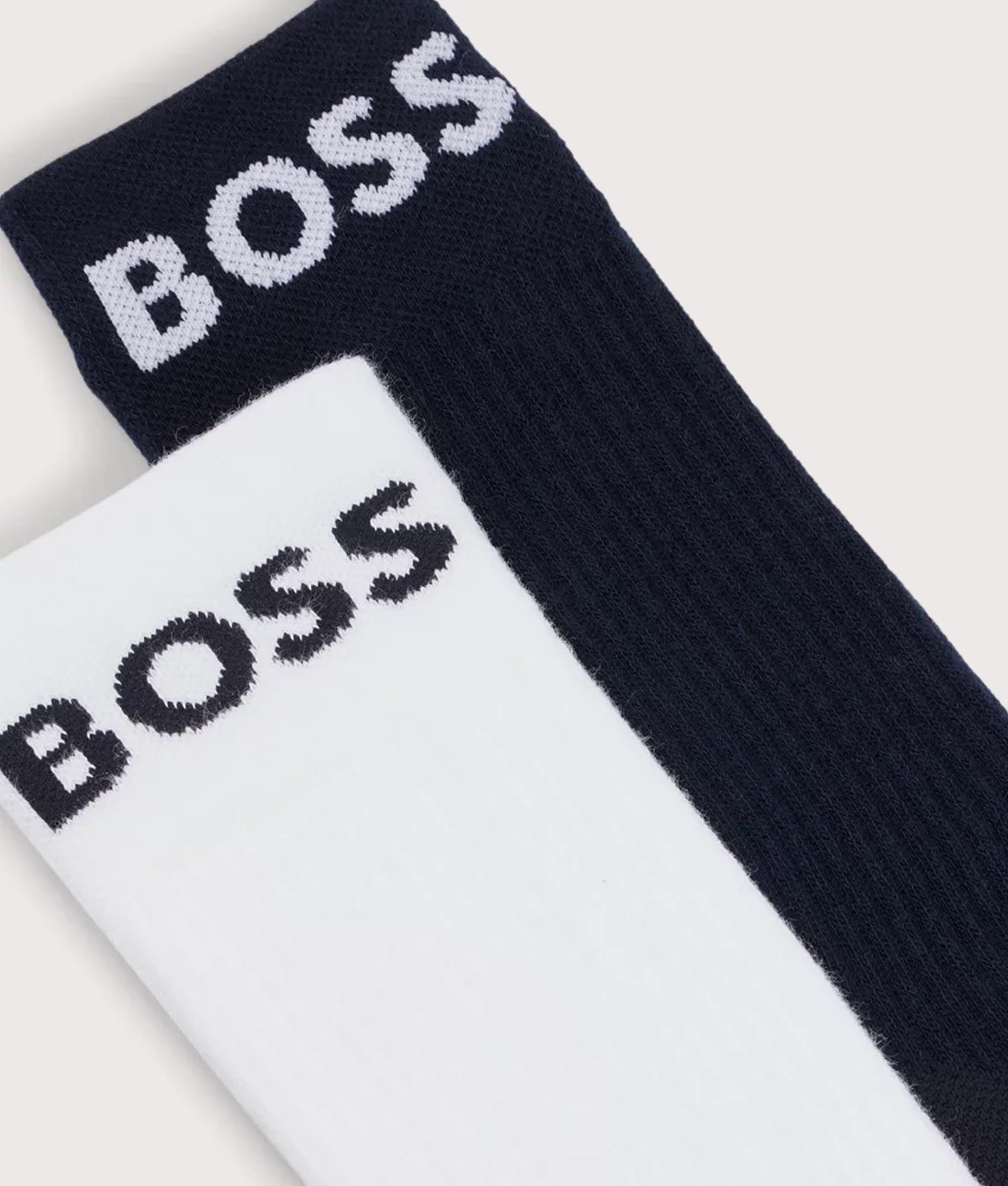 BOSS Two Pack Of Quarter Length Stretch Sport Socks in white and Blue for Men at EQVVS. Detail Shot