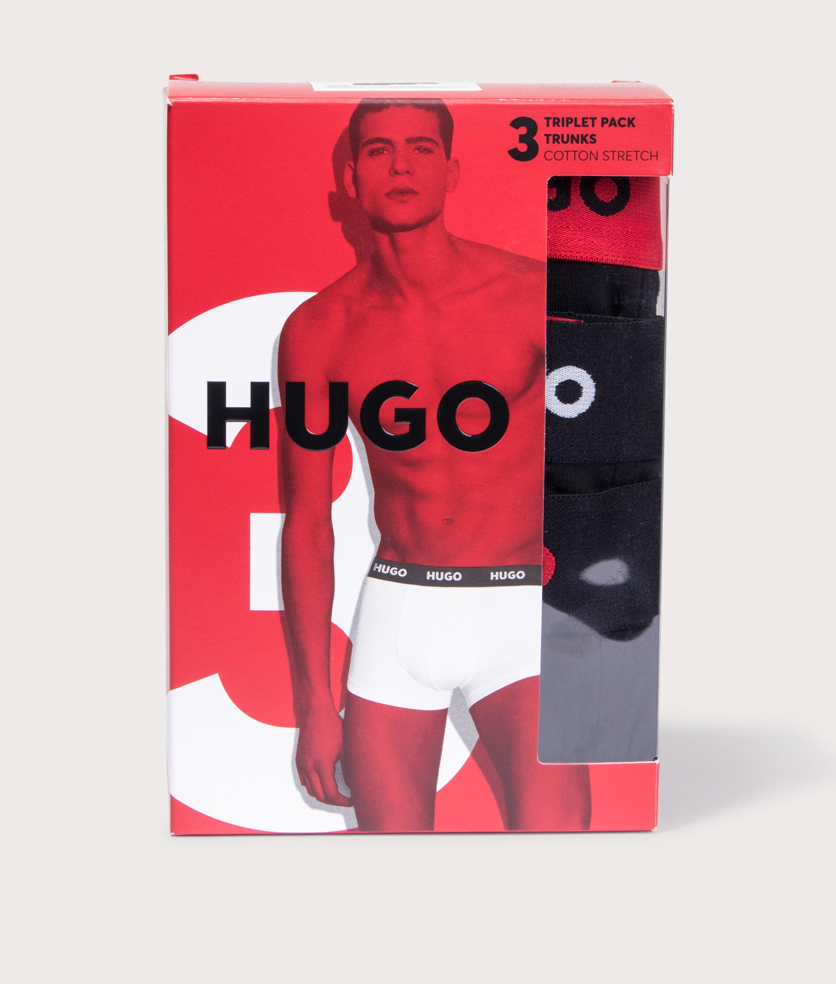 HUGO Trunk Triplet Pack in Black with Red and White Bands Box Shot at EQVVS