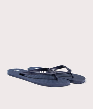 BOSS Tracy Flip Flops in Dark Blue. Front angle shot at EQVVS.