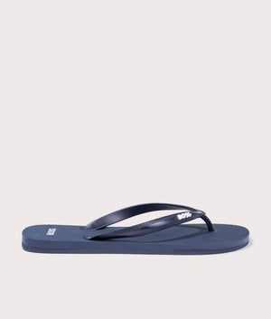 BOSS Tracy Flip Flops in Dark Blue. Side angle shot at EQVVS.