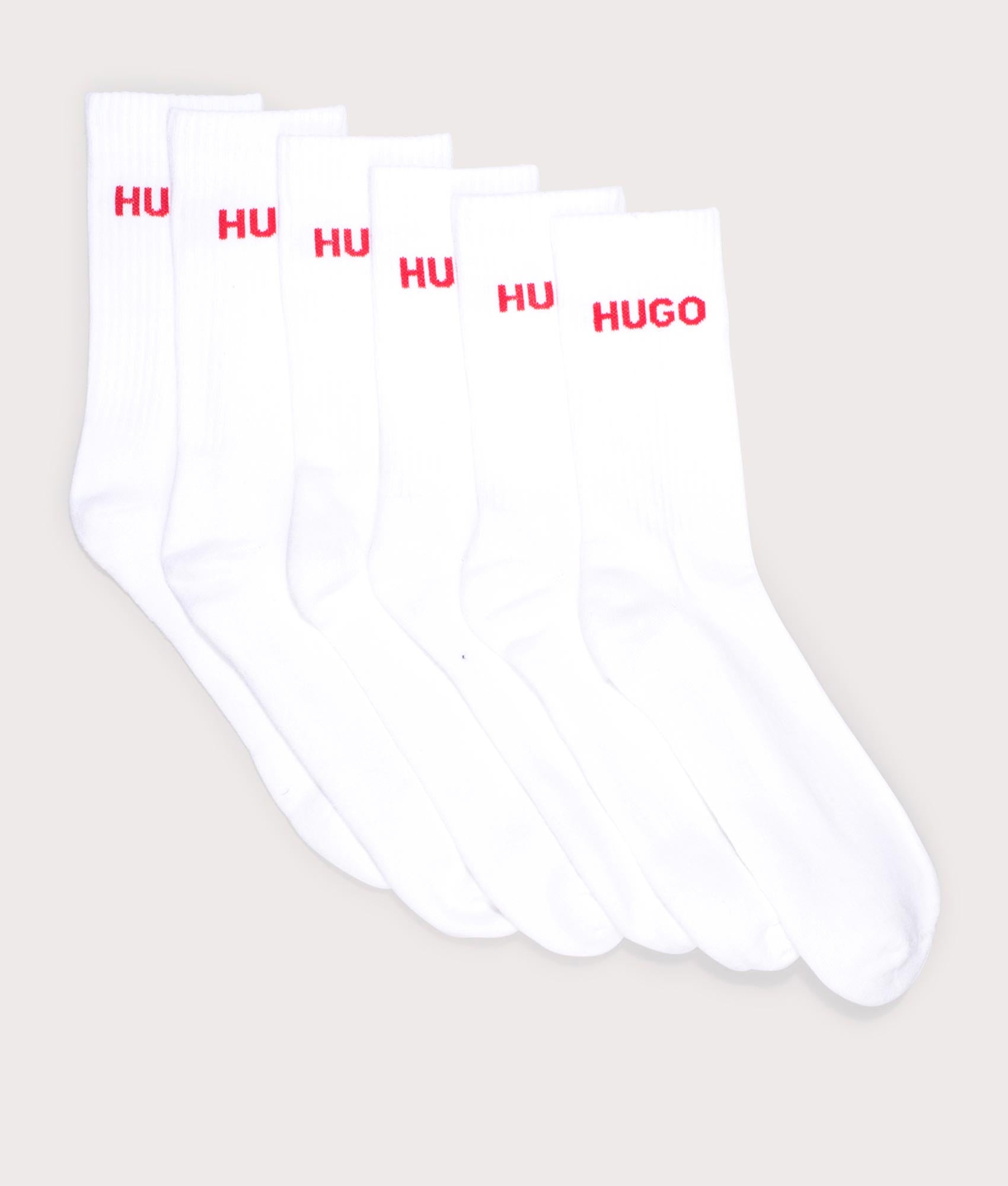 HUGO 6 Pack Rib Logo Socks in White Front Shot EQVVS