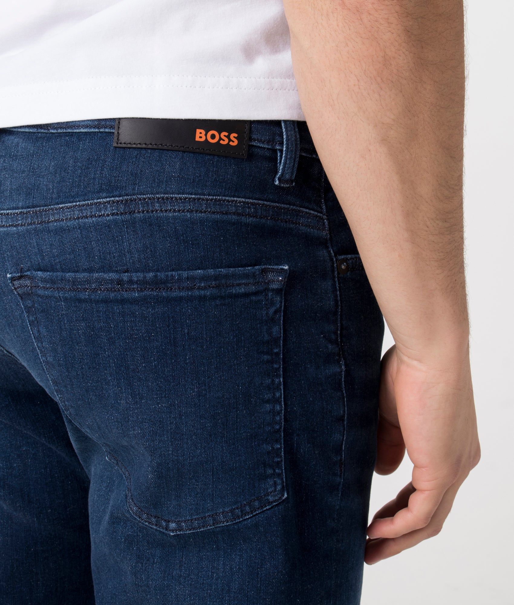 BOSS Regular Fit Re.Maine BC-P Jeans in Dark Blue Detail Shot at EQVVS