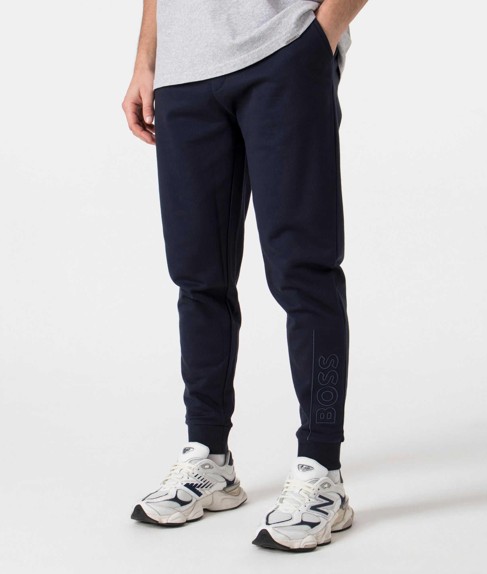BOSS Fashion Joggers in Dark Blue, 100% Cotton Angle Shot at EQVVS