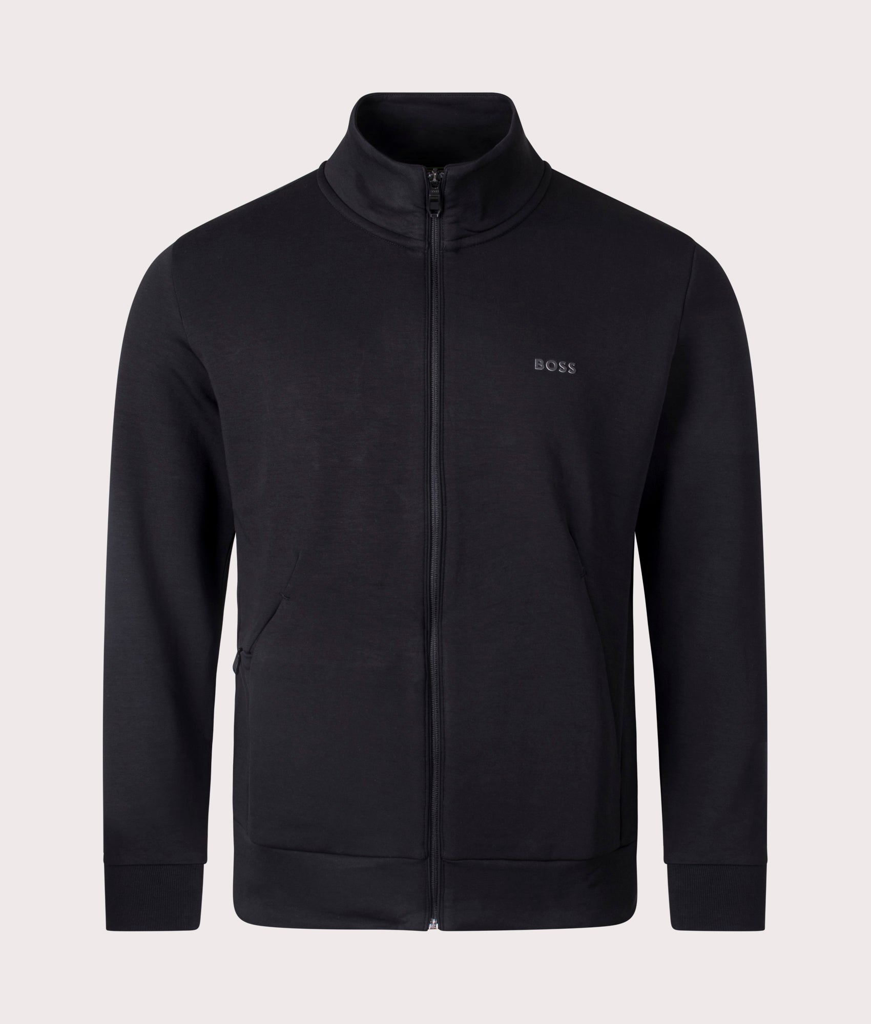 BOSS Skaz Track Top in Black at EQVVS. Front Shot.