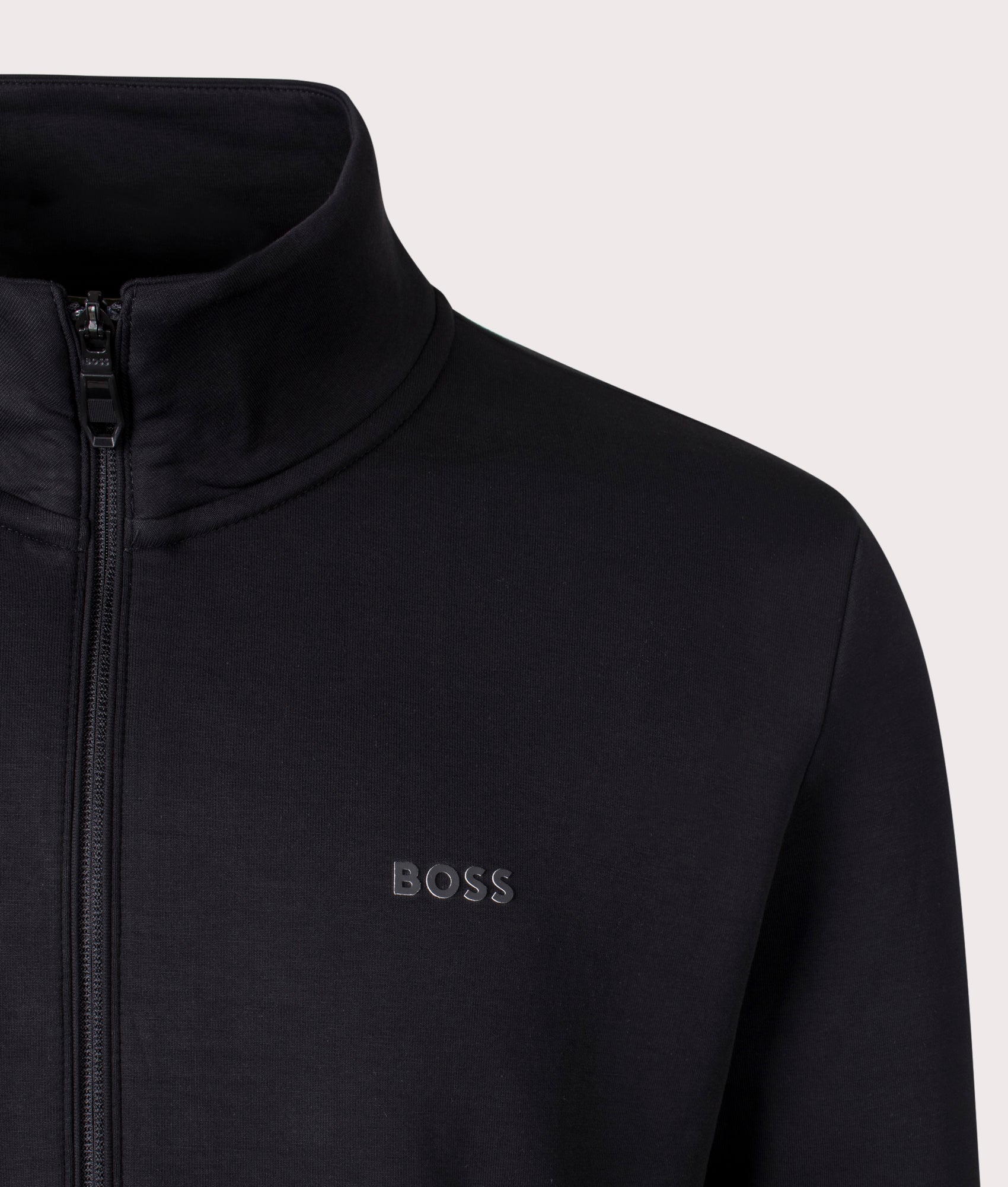 BOSS Skaz Track Top in Black at EQVVS. Detail Shot.