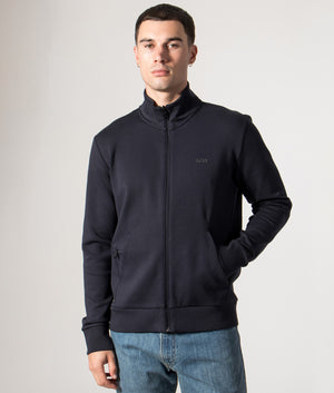 BOSS Skaz Track Top in Dark Blue at EQVVS Menswear. Model front shot.