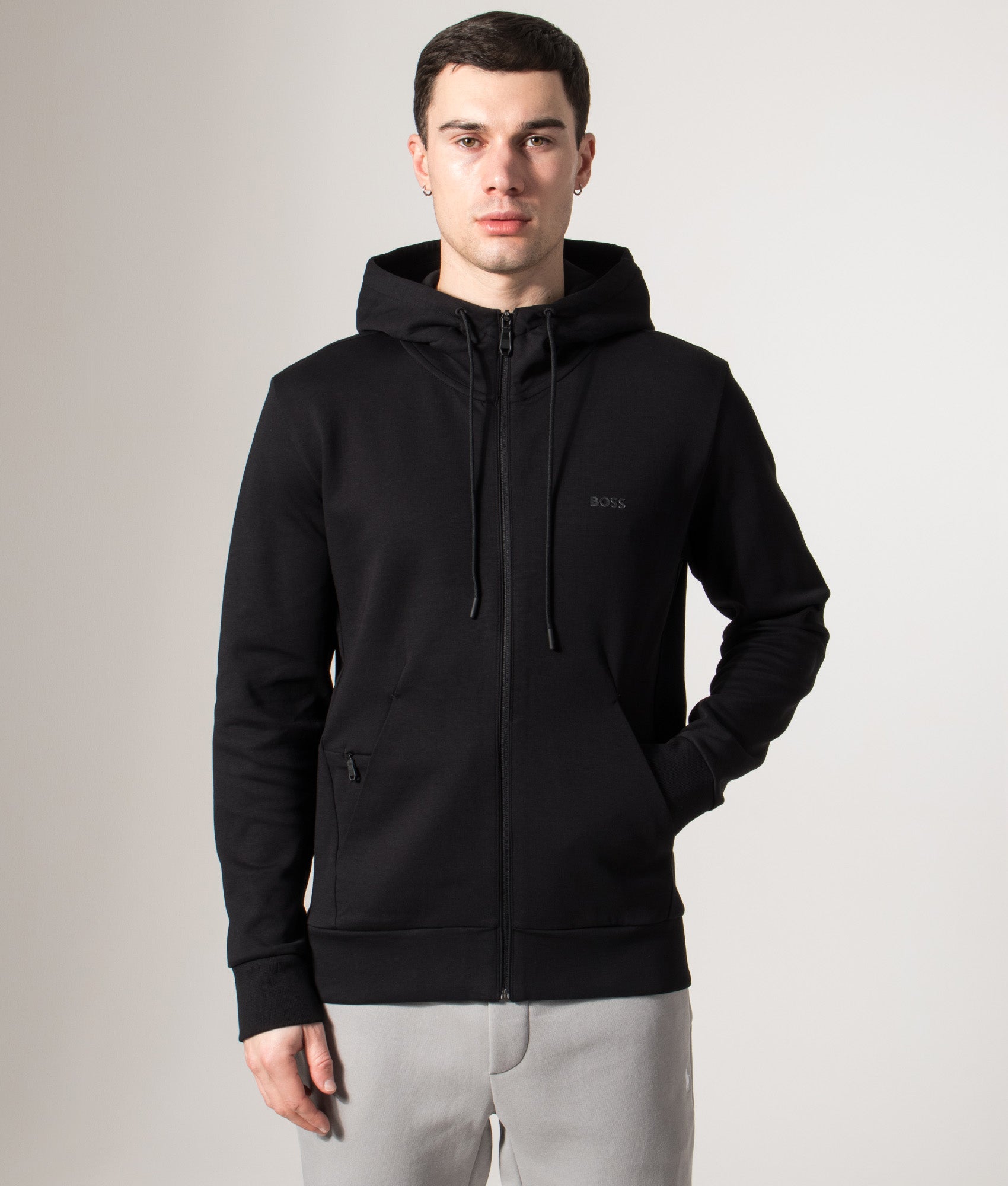 BOSS Saggy Hoodie in Black at EQVVS Menswear. Front model shot. 