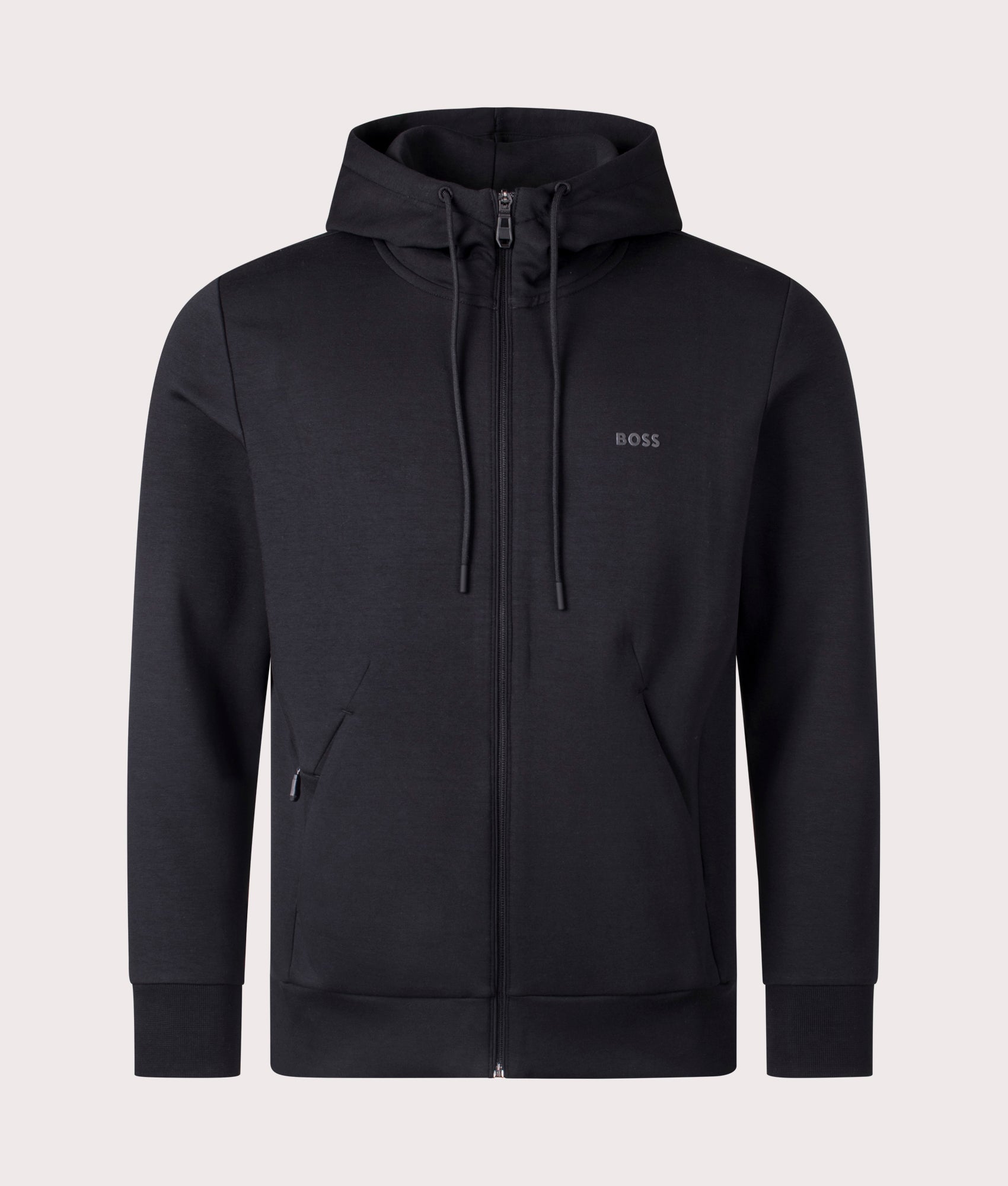 BOSS Saggy Hoodie in Black at EQVVS Menswear. Front mannequin shot. 