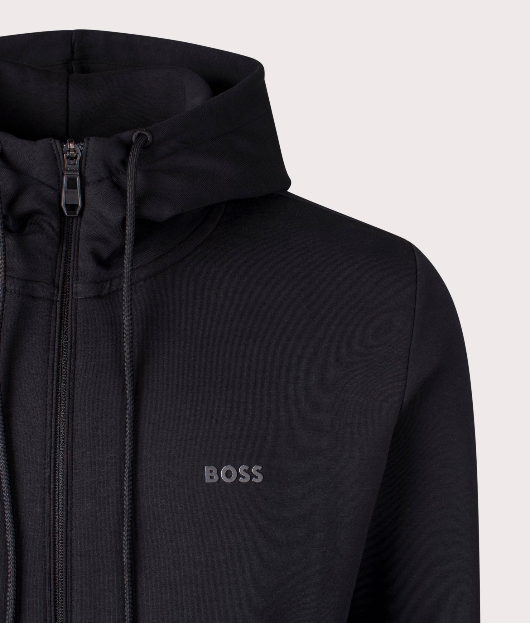 BOSS Saggy Hoodie in Black at EQVVS Menswear. Detail shot. 