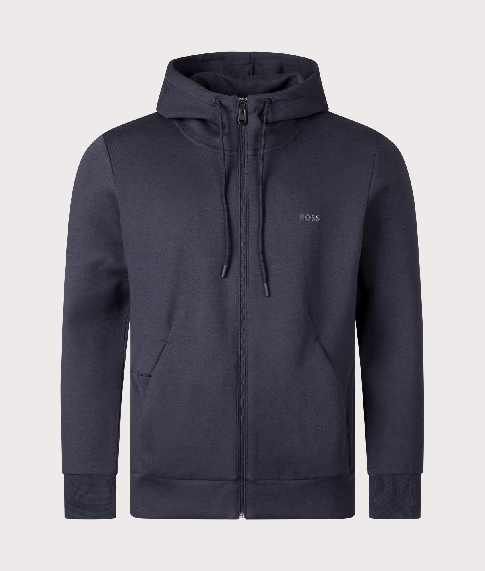 BOSS Zip Through Saggy Hoodie in Dark Blue at EQVVS Menswear. Front shot