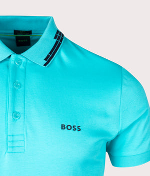 BOSS Slim Fit Paule Polo Shirt in Open Green Detail Shot at EQVVS 