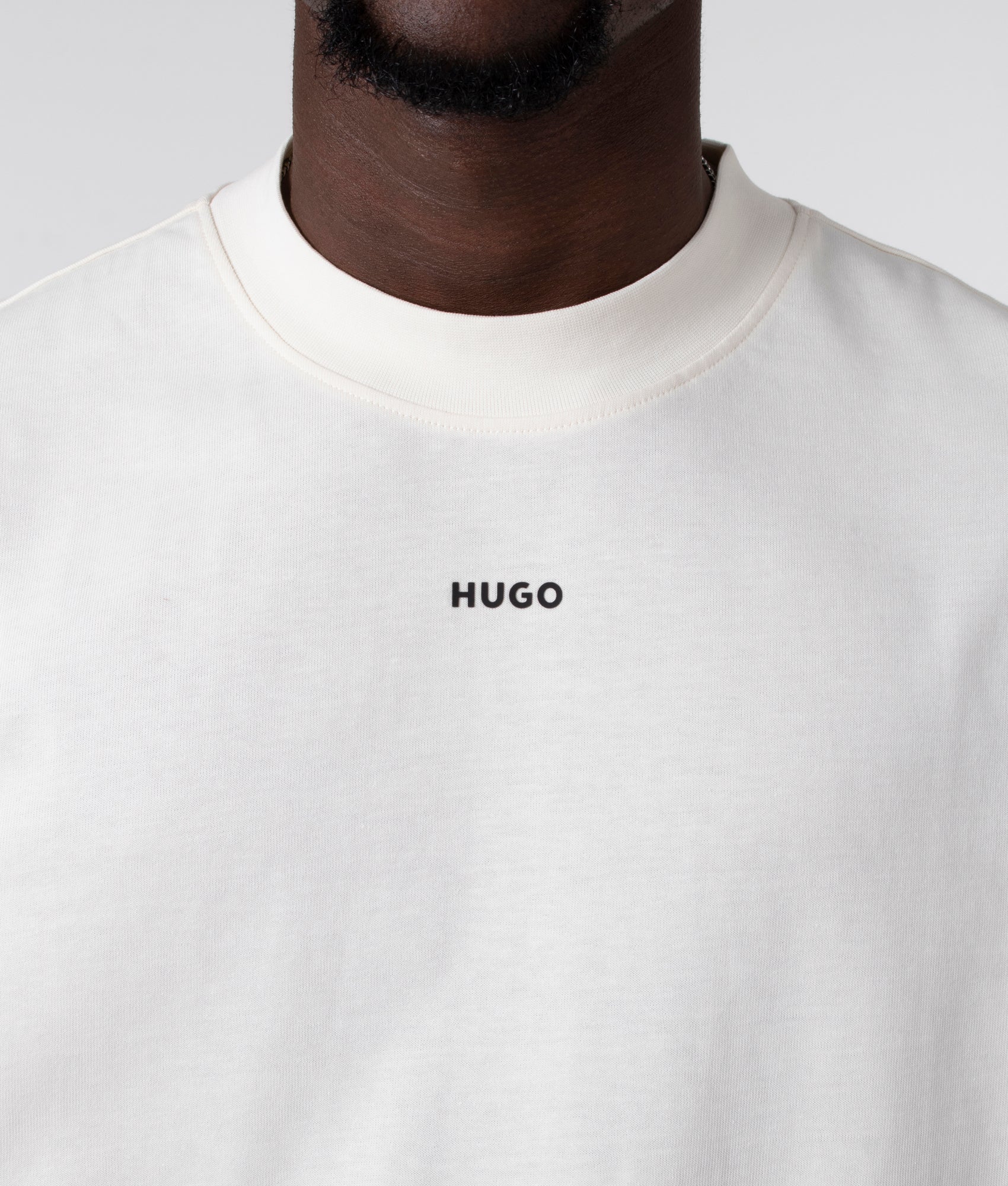 HUGO Daposo T-Shirt in White, 100% Cotton Detail Model Shot at EQVVS