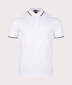 Slim Fit Passertip Polo Shirt in White by Boss. EQVVS Front Angle Shot.