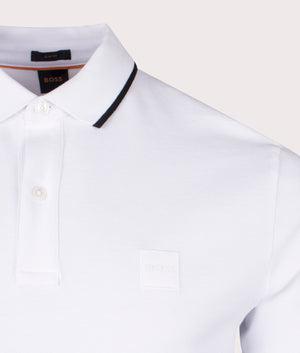 Slim Fit Passertip Polo Shirt in White by Boss. EQVVS Detail Shot.