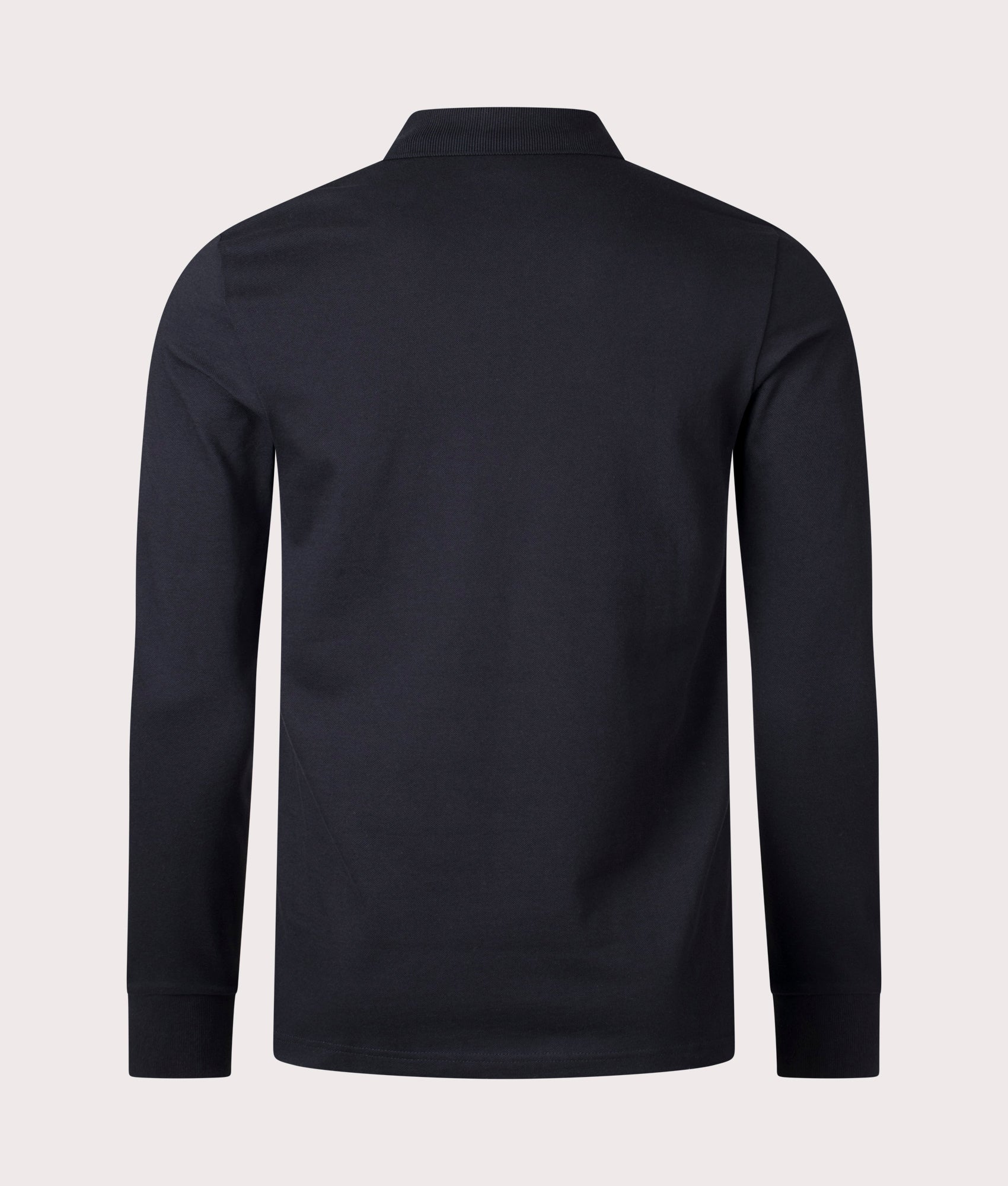 BOSS Slim Fit Passerby Long Sleeve Polo Shirt in black at EQVVS Menswear. Back shot.
