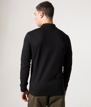BOSS Slim Fit Passerby Long Sleeve Polo Shirt in black at EQVVS Menswear. Model back shot.