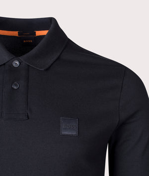 BOSS Slim Fit Passerby Long Sleeve Polo Shirt in Black Detail Shot EQVVS