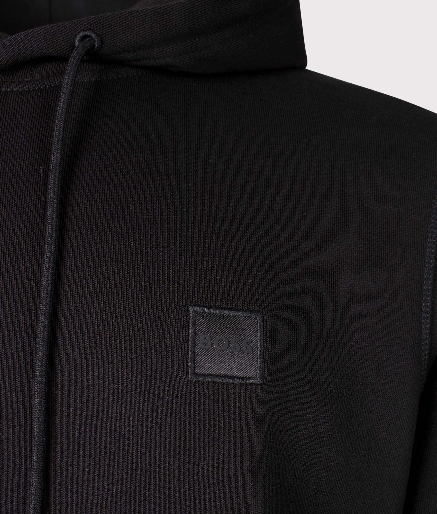 Boss Wetalk Hoodie in Black at EQVVS Menswear. Detail shot.