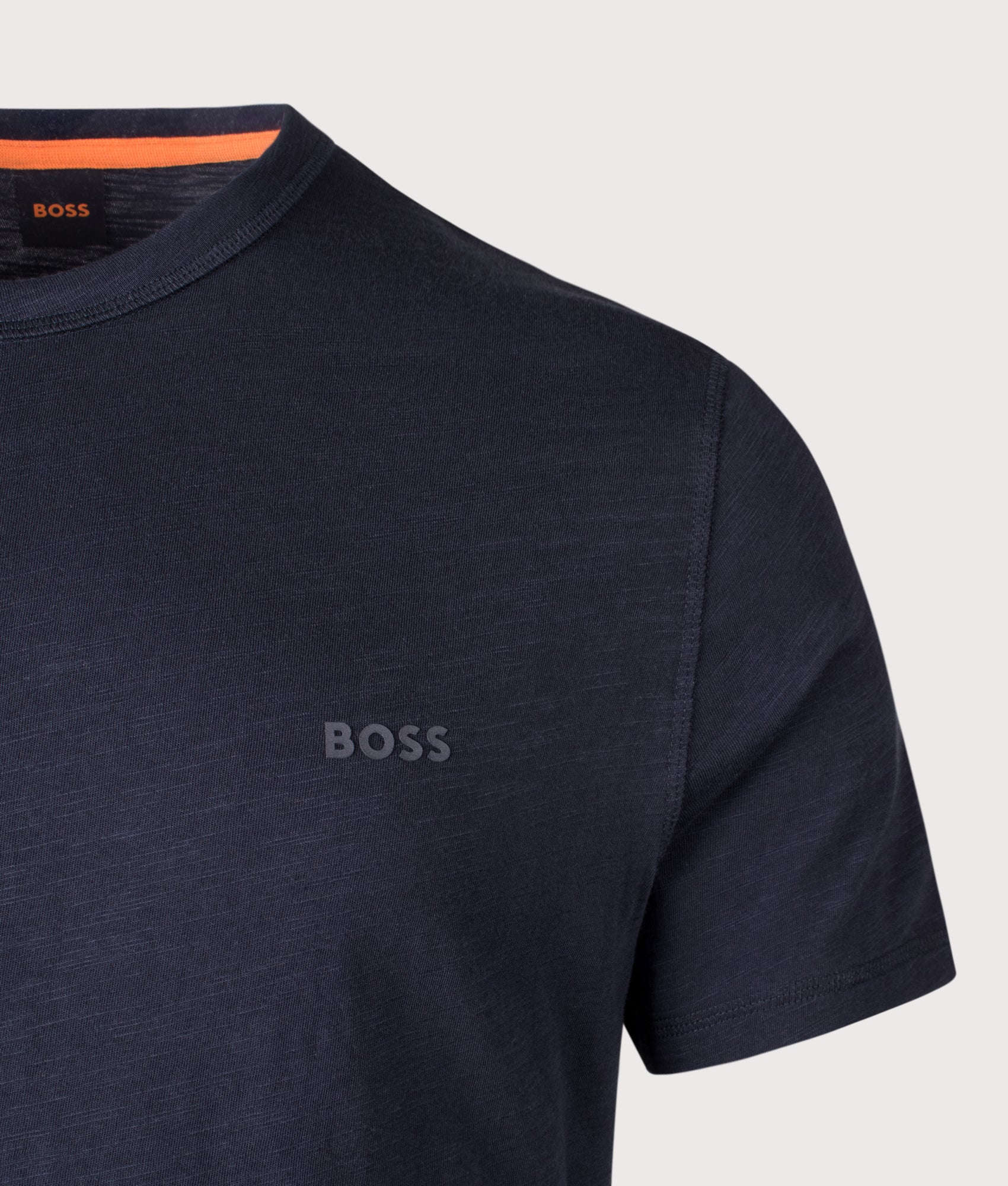 BOSS Tegood T-Shirt in Dark Blue at EQVVS Menswear. Detail shot.