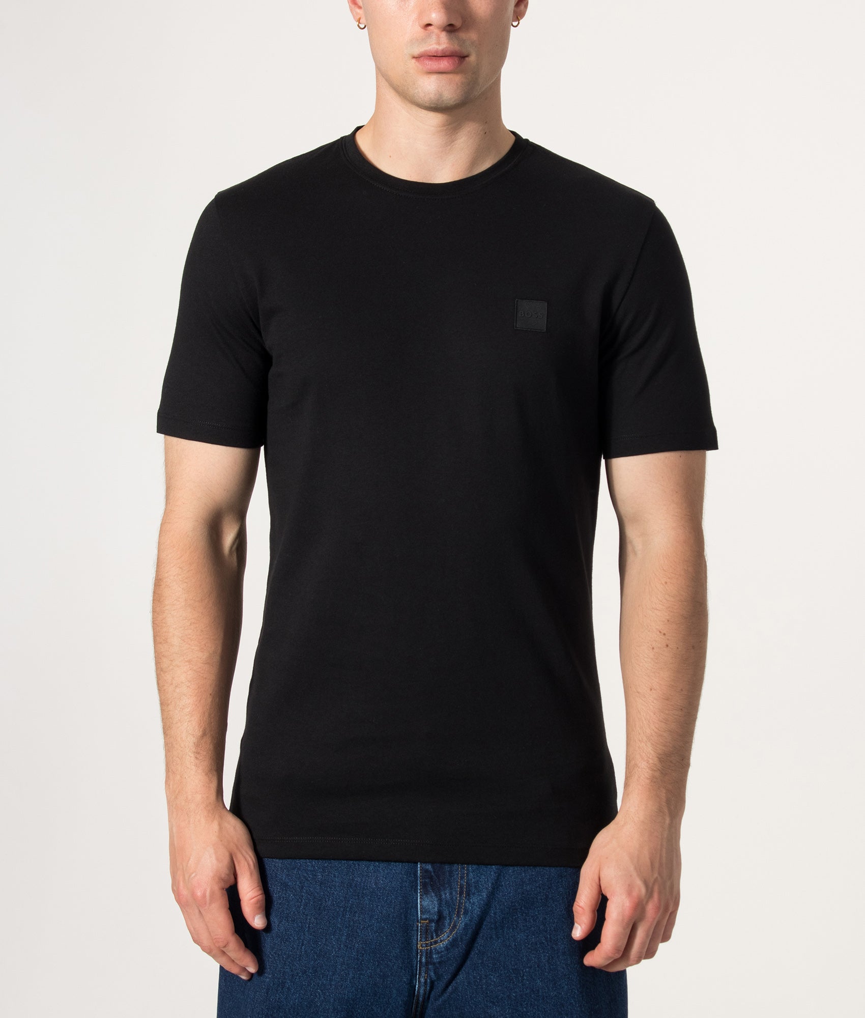 BOSS Regular Fit Tales T-Shirt in Black at EQVVS Menswear. Model front shot.
